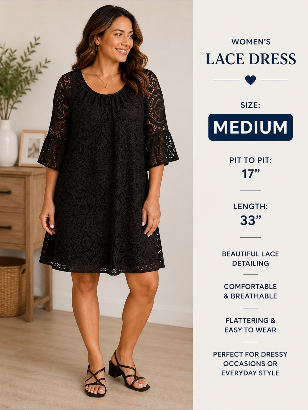 Tacera Black Lace Mini Dress with Bell Sleeves MEDIUM Black
Pit 17”
Length 33”